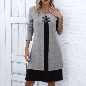 2/$40 Grey Ribbed Knit Attached Cardigan & Black Dress Set Sweater Buckle Detail